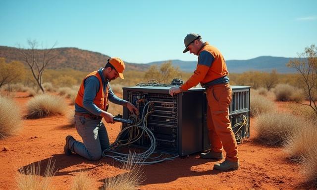 OutbackNet Solutions technicians installing network equipment in a rural Australian setting