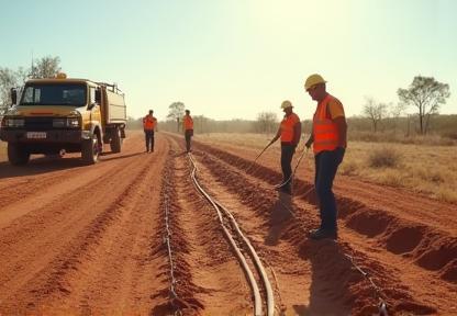 Workers laying down internet cables in remote Australia
