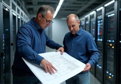 Engineers examining network schematics and hardware racks