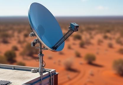 Wireless broadband antenna mounted on a building next to an arid landscape
